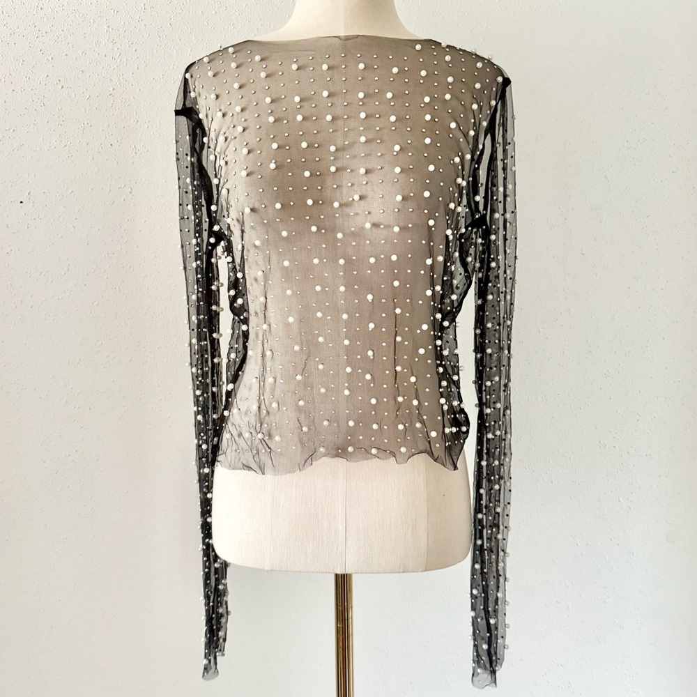 WHITE BIRCH Pearl Beaded Long Sleeve Mesh Top Sheer Black Women's Size Large L - Picture 4 of 7
